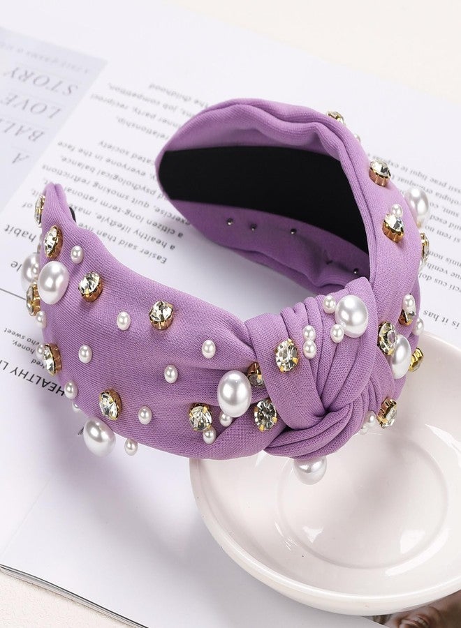 WantGor Pearl Knotted Headband, Women Rhinestone Embellished Hairband Elegant Wide Top Knot Bride Headbands Headpieces Party Fashion Elegant Ladies Hair Band Hair Hoop Accessories (Purple) - Image 3